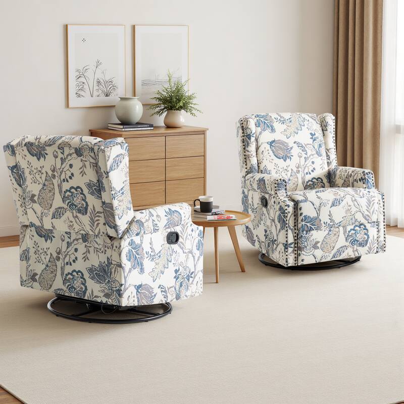 UIXE 2 Set Roderich Farmhouse Floral Print Swivel Rocker Push Back Recliner