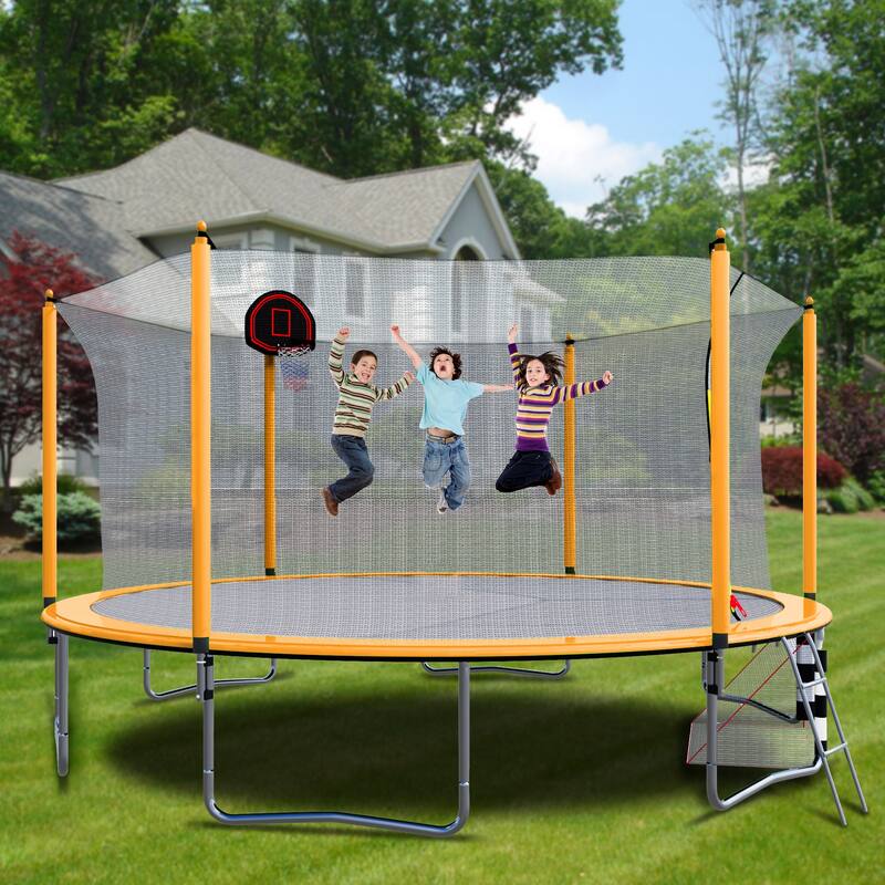 16FT Trampoline with Basketball Hoop, Pump, Ladder, Soccer Goal & Inner Safety Enclosure - Orange