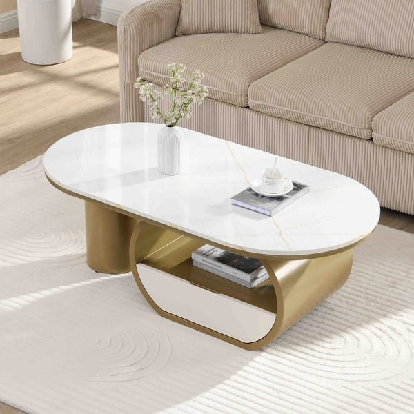 slide 2 of 6, 47.24'' Modern Luxury Oval Coffee Table with Storage Drawer for Living Room Golden White