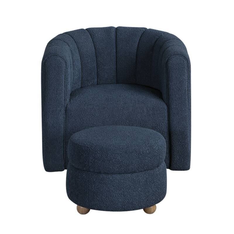 Noa Swivel Chair and Ottoman, Channel Tufted Curved Back, Blue Boucle