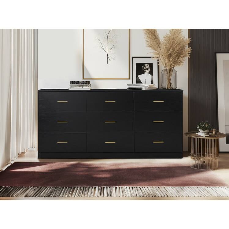Modern Minimalist 9-Drawer Dressing Table, Entryway Table with Gold Handles and Waterproof Design, for Bedroom, Black - Black