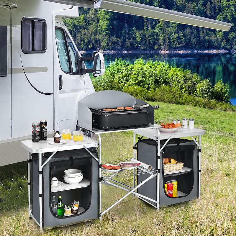 Costway Folding Portable Aluminum Camping Grill Table w/ Storage