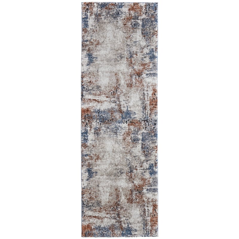 Grand Bazaar Odera Machine Made Distressed Modern Area Rug - 2'6" x 8' - Ivory/Blue/Taupe