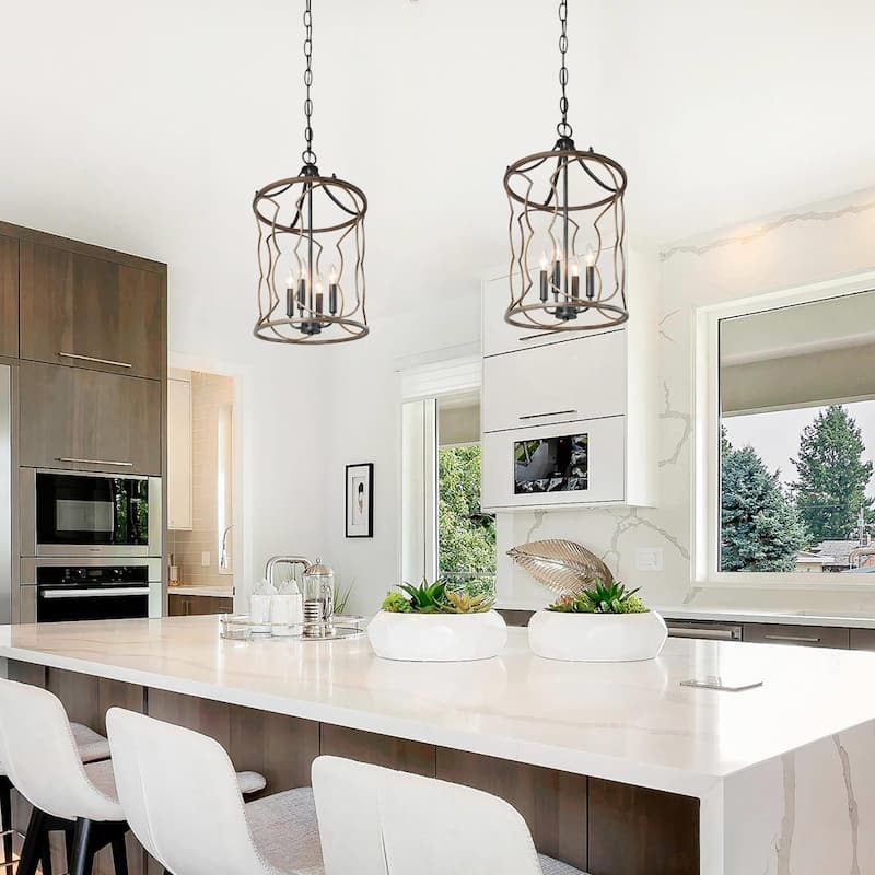 Modern Farmhouse 4-Light Cylinder Wood Grain Chandelier for Kitchen Island