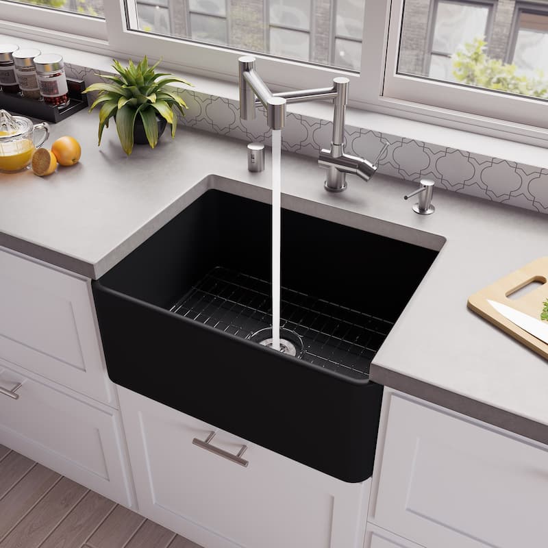 Black Matte Smooth Apron 24" x 18" Single Bowl Fireclay Farm Sink
