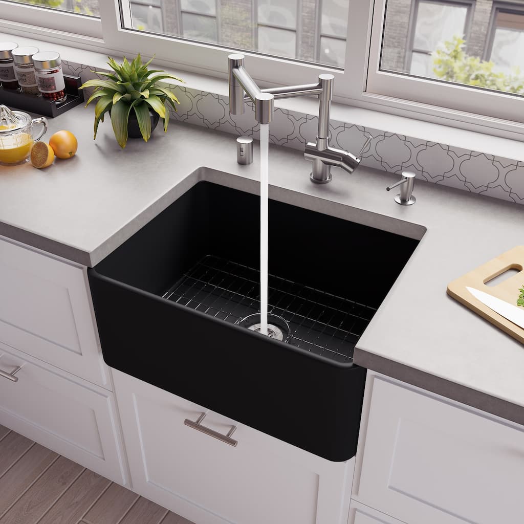 Black Matte Smooth Apron 24" x 18" Single Bowl Fireclay Farm Sink