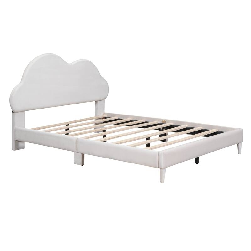 Stylish Velvet Upholstered Platform Bed with Cloud Headboard - Twin/Full Size, Box Spring Not Required