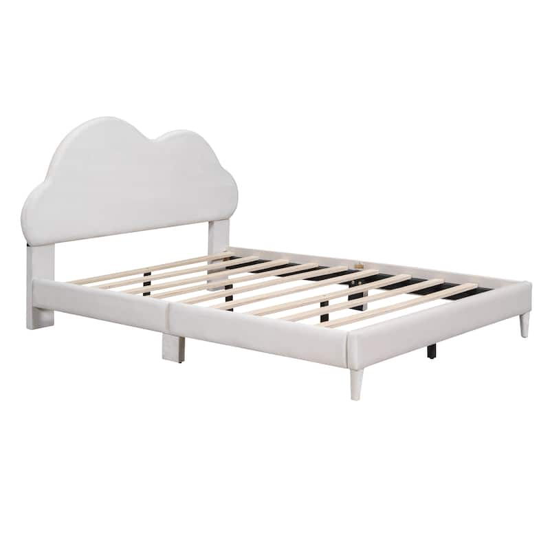 Velvet Upholstered Platform Bed with Cloud Headboard