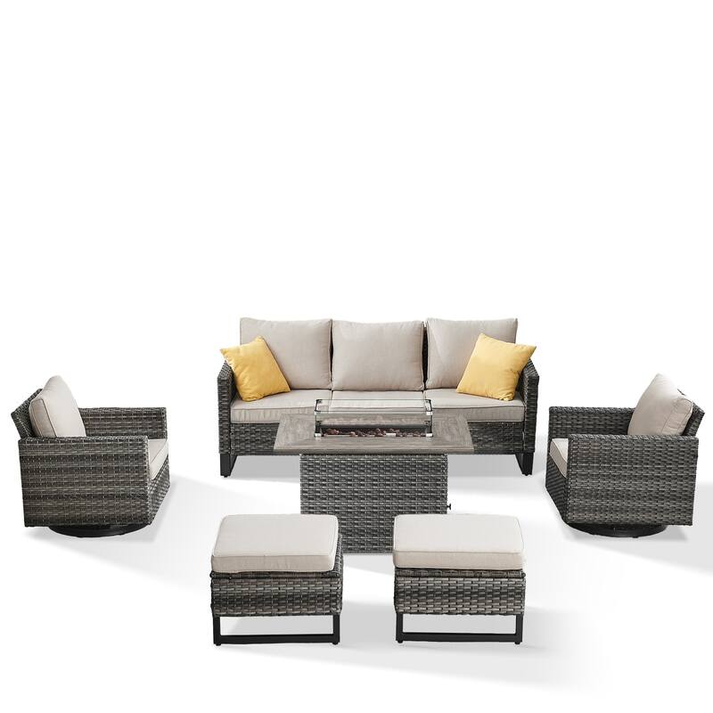 Patio Sofa 2 Swivel Chairs Ottomans and Fire Table Grey-Beige - Grey