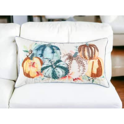HomeRoots 14" X 14" Blue and White Thanksgiving Cotton Pillow With Embroidery Edges