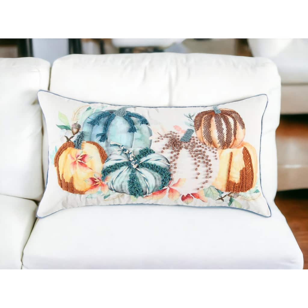 HomeRoots 14" X 14" Blue and White Thanksgiving Cotton Pillow With Embroidery Edges