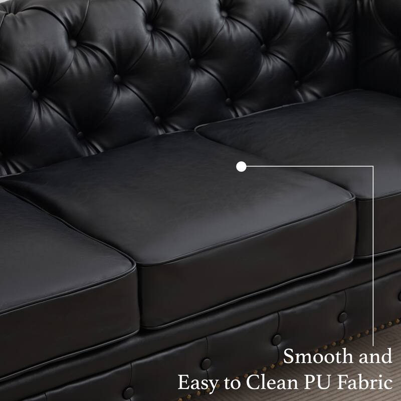 Vintage PU Button-Tufted Sofa Couch, Flared Arms, Rubberwood Legs & Nailhead Trim