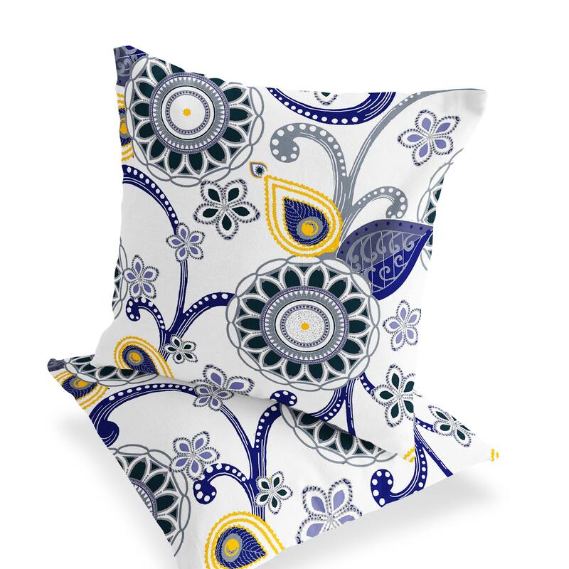 HomeRoots Set of Two 16" X 16" Blue and White Blown Seam Floral Indoor Outdoor Throw Pillow - 16.00' X '16.00' X '5.00