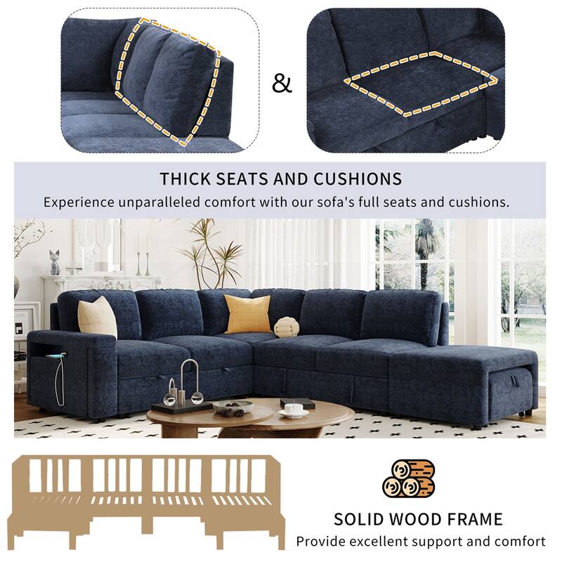L-shaped Padded Modular Sofa w/Storage Space,USB Ports & Cup Holders
