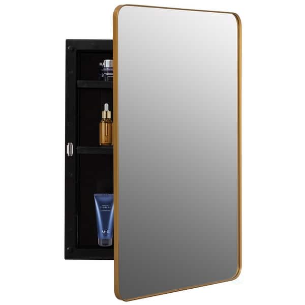 slide 2 of 8, Plastic Medicine Cabinet with Beveled Edge Mirror Door & Round Corner Metal Frame, Wall Mounted Cabinet w/ 2 Adjustable Shelves Gold