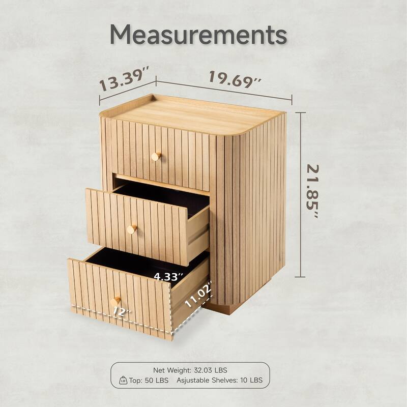 COZAYH Modern Farmhouse 3-Drawer Nightstand with Vertical Wood Slats, Curved Edge, Metal Handles, Tray Top. Fully Assembled