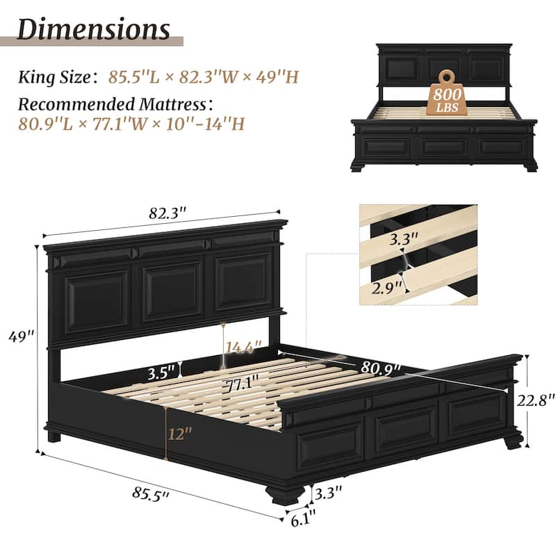 Solid Wood Retro Platform Bed with Headboard