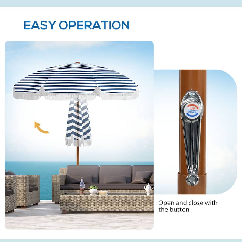 7x7 ft Tiltable Outdoor Patio Umbrella with Vented Canopy, Fringed Ruffles, and Flounce - Blue Strip