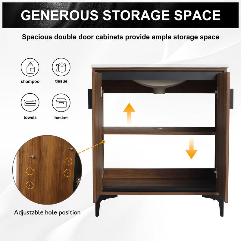 GDFStudio - Levistar Modern Freestanding Bathroom Vanity Cabinet with Ceramic Sink, Soft Close Doors & Metal Tripod - 30"