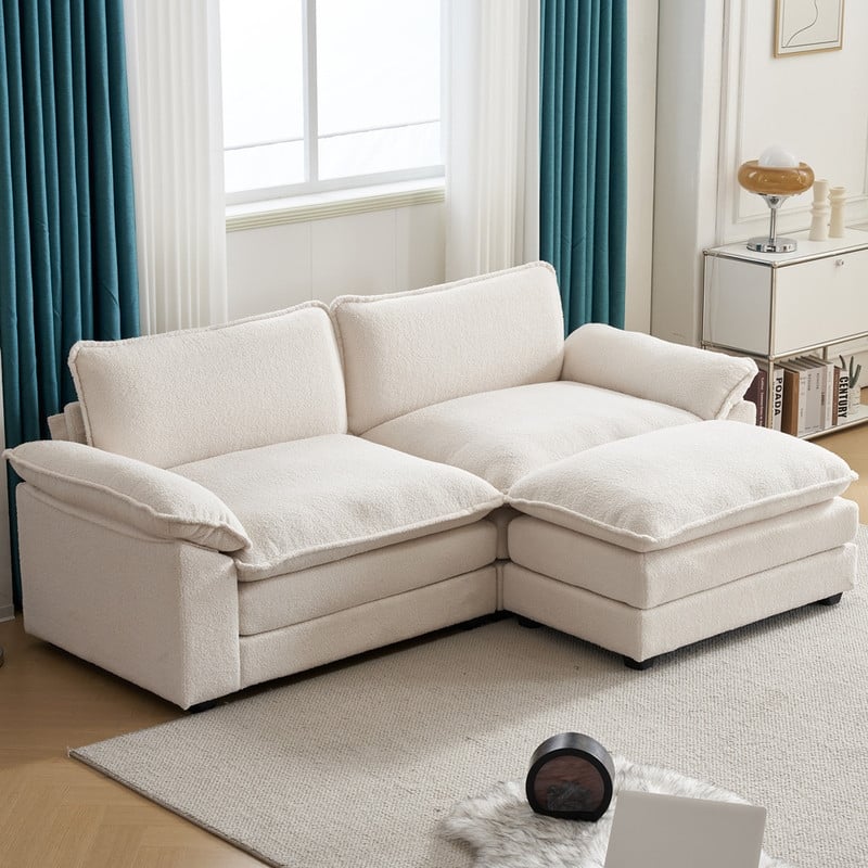 217*141*85 Chenille Two-Seater With Footstool Double Bag Indoor Double Sofa - 2+1 - White Faux Fur