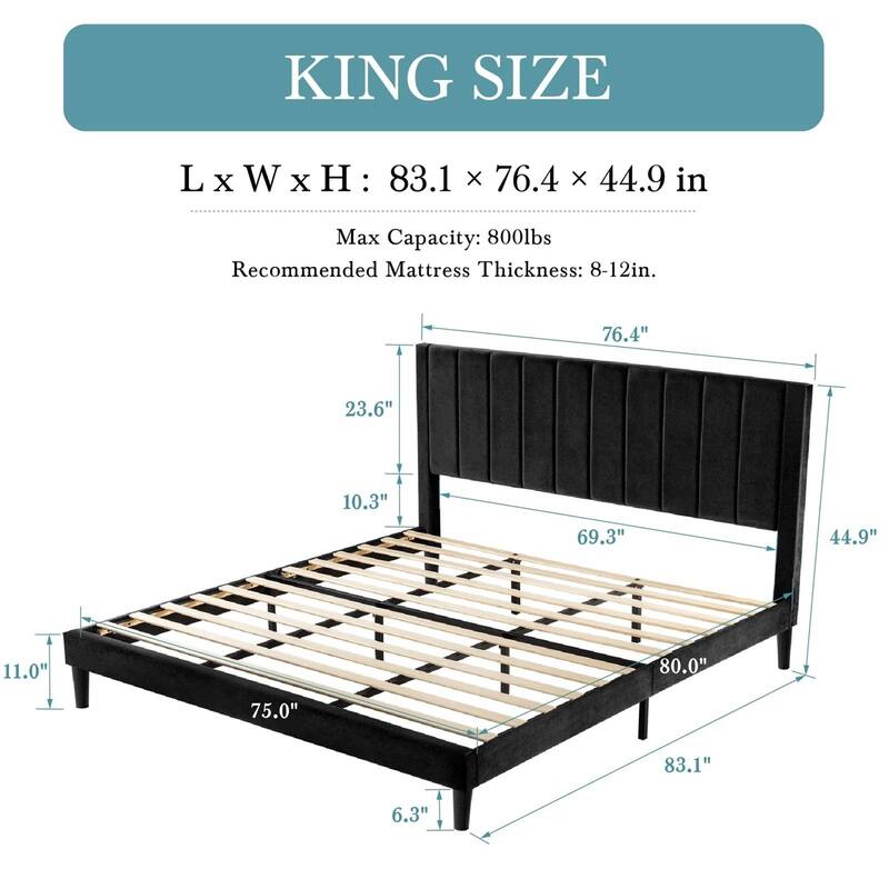 Velvet Upholstered Platform Bed Frame with Sturdy Slats and Headboard