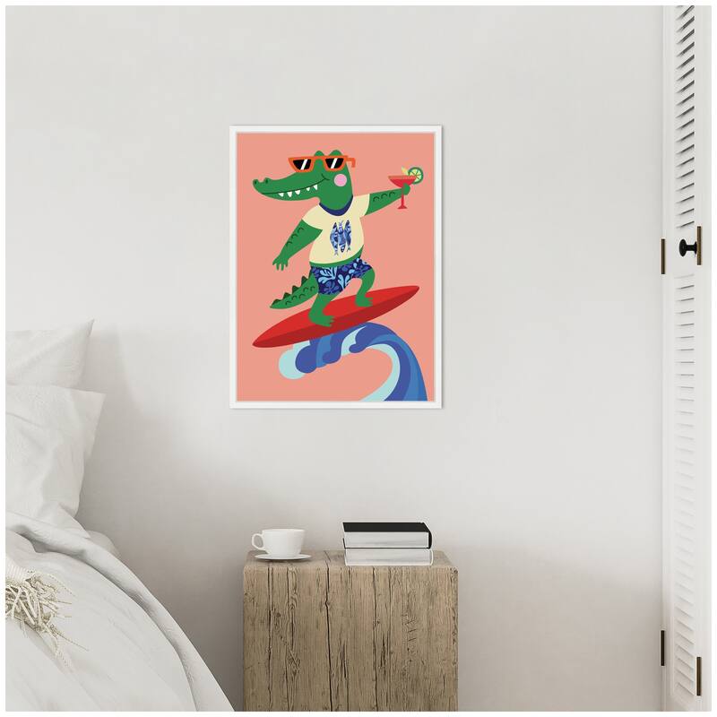 Kate and Laurel Sylvie Surfer Crocodile Framed Canvas by Rachel Lee