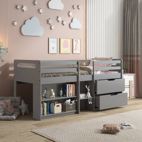 Twin Size Loft Bed with Guardrail and Storage, Gray