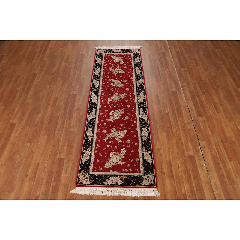 Red Floral Tabriz Chinese Runner Rug Handmade Wool and Silk Carpet - 2'5" x 8'1"