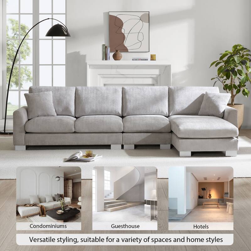 Grey 119" Oversized L-Shaped 5-Seater Sectional with Chaise and 2 Pillows for Living Room, Apartment, or Office