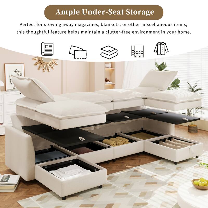 126" 6-Piece Modular Sofa Bed with Storage and Double-Layer Cushions