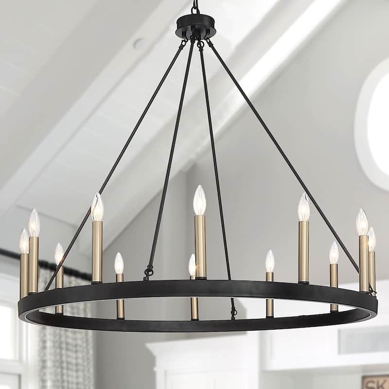 12-Light Wagon Wheel Chandelier - 39in Diameter - Black