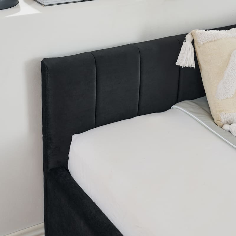 Full Size Upholstered Tufted Daybed, L Shaped Velvet Fabric Sofa Bed Frame with Two Drawers, Wooden Slats Support