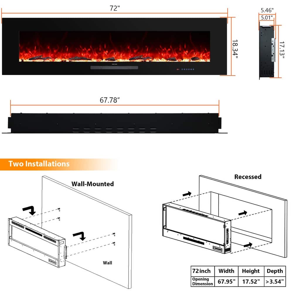 50 in. Wall Mounted and Recessed Electric Fireplace,13 Flame Colors