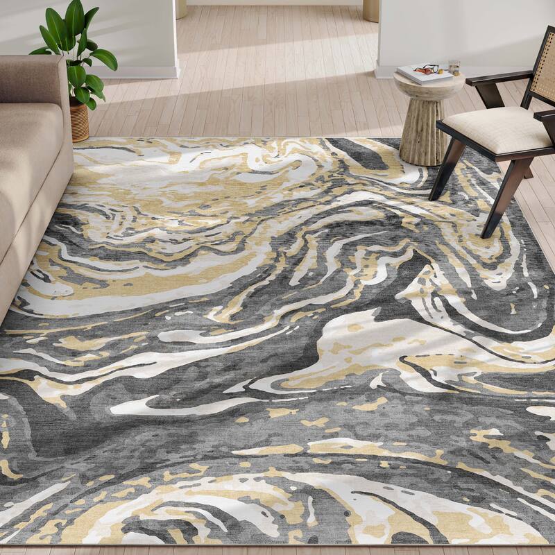 Well Woven Abstract Harmony Modern Boho Marble Flat-Weave Area Rug - 9' 10" x 13' - Gold Brown - Rectangle