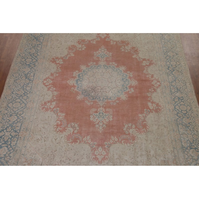 Distressed Kerman Persian Antique Area Rug Hand-knotted Wool Carpet - 9'8" x 12'7"