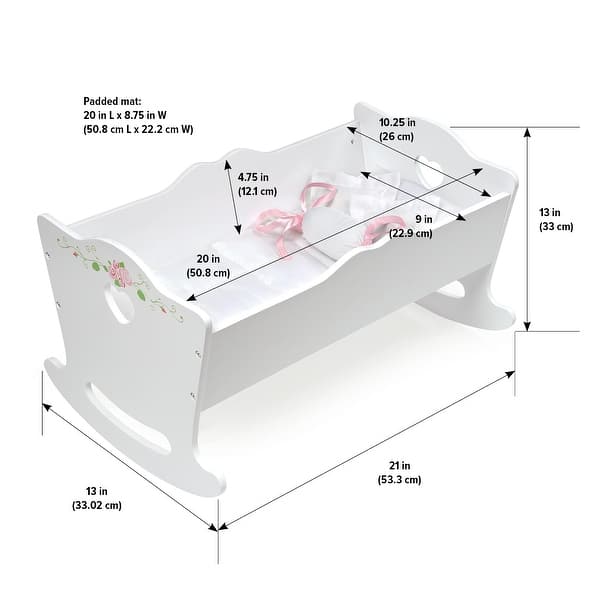 Badger Basket Doll Cradle with Bedding and Free Personalization Kit - White Rose - 21" x 13" x 12"