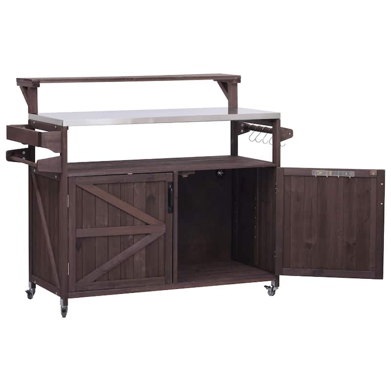 53.3" Outdoor Kitchen Island with Stainless Steel Top, Raised Shelf Solid Wood Storage Cabinet Outdoor Rolling Grill Cart