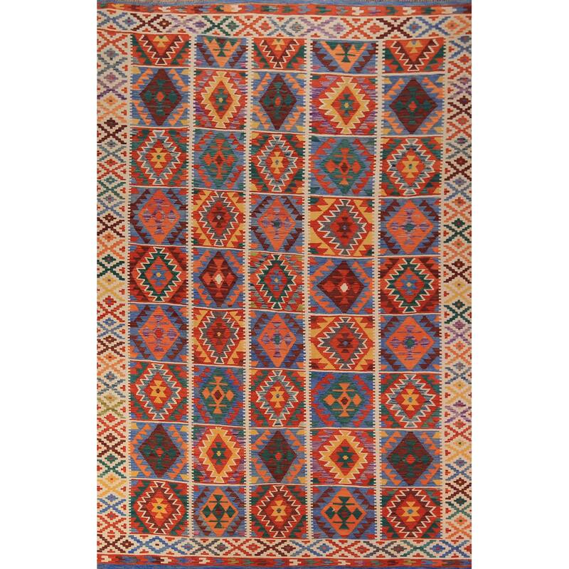 Geometric Kilim Reversible Area Rug Hand-Woven Wool Carpet - 8'0" x 11'10"