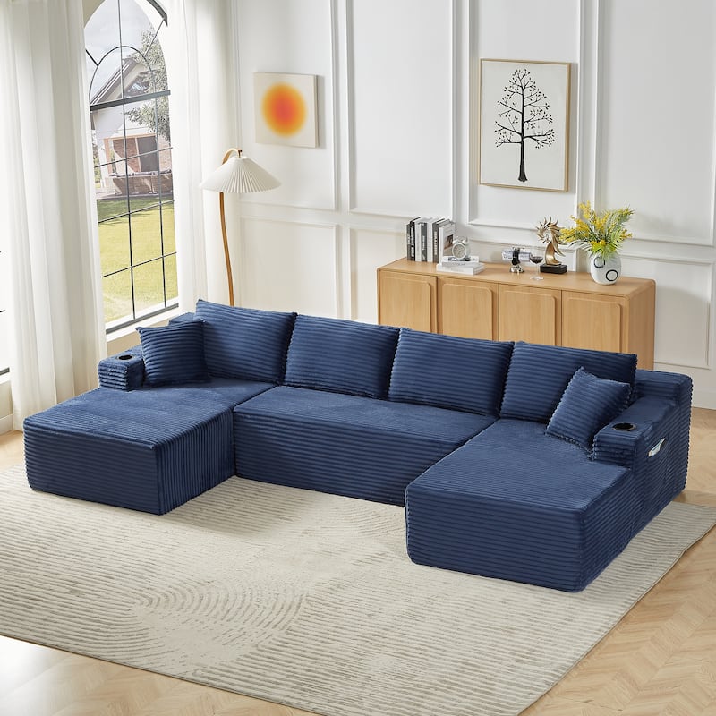 Minimalist Modular Lounge Couch U-shaped Sectional Sofa with Chaise, Corduroy Sleeper Sofa Bed with Side Pockets and Cup Holders - Blue