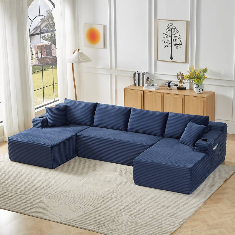 Roomfitters Modern U-Shaped Corduroy Sectional Sofa, Oversized Modular Upholstered Couch with Deep Seats for Living Room
