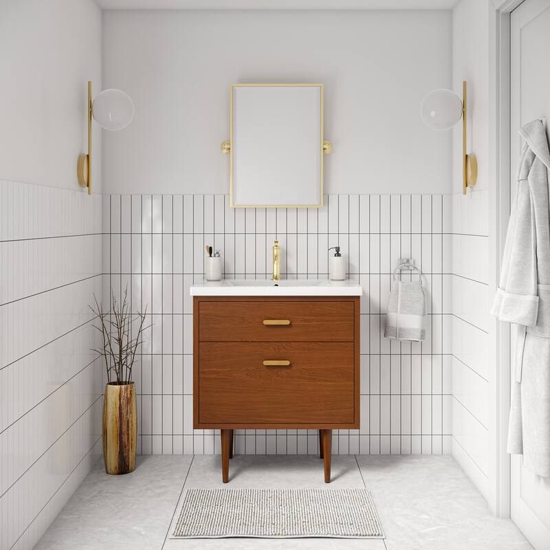 Brandy Integrated Ceramic Sink Top Vanity in Honey Walnut with Satin Gold Single Faucet