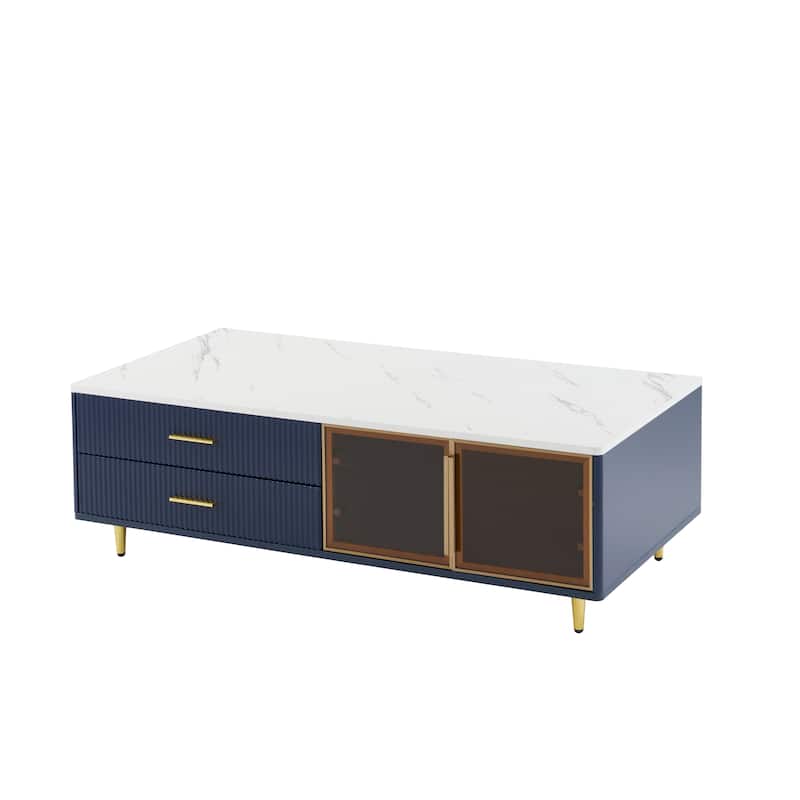 Modern 47.2" Coffee Table with 2 Glass Door Storage, 4 Drawers, Wooden Decorative Cocktail Table with Gold Metal Legs
