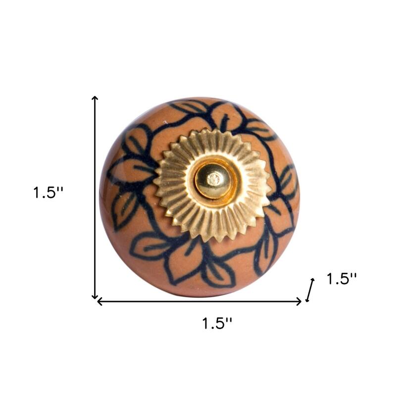 Set of 12 Hand-Painted Blue & Orange Floral Ceramic Cabinet Knobs Artisan Round Drawer Pulls with Metal Base