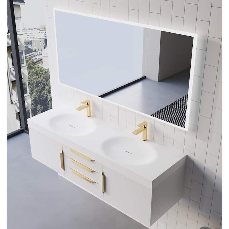 Thames 60" Shallow Basin Wall Mounted Bathroom Vanity Set w/ White Top