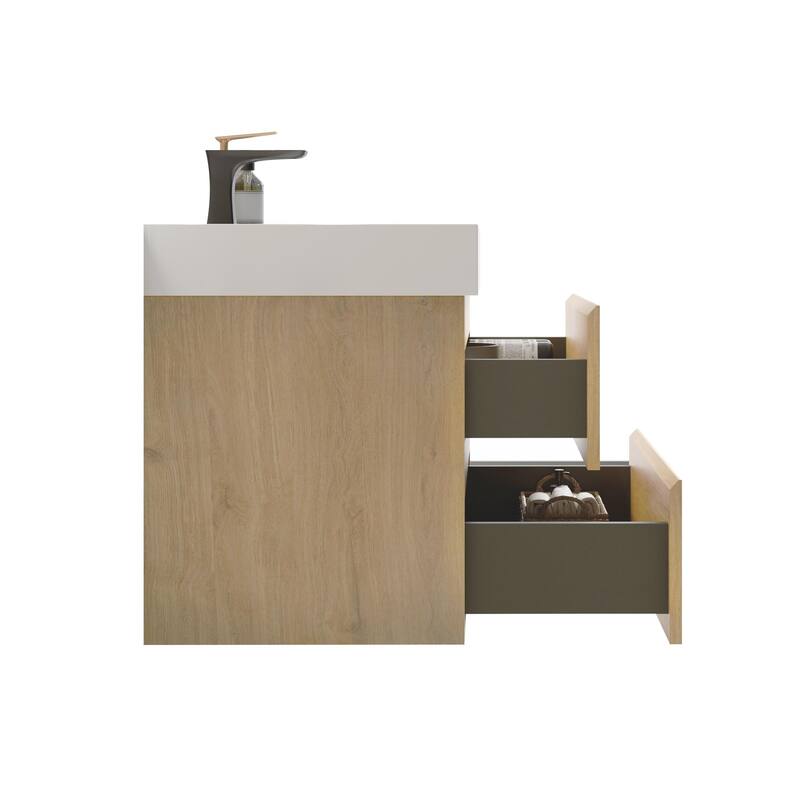 Wall-Mounted Bathroom Vanity with Glossy White Solid Surface Basin, Natural Oak Finish, and Double Drawers - 29.9in L Melamine