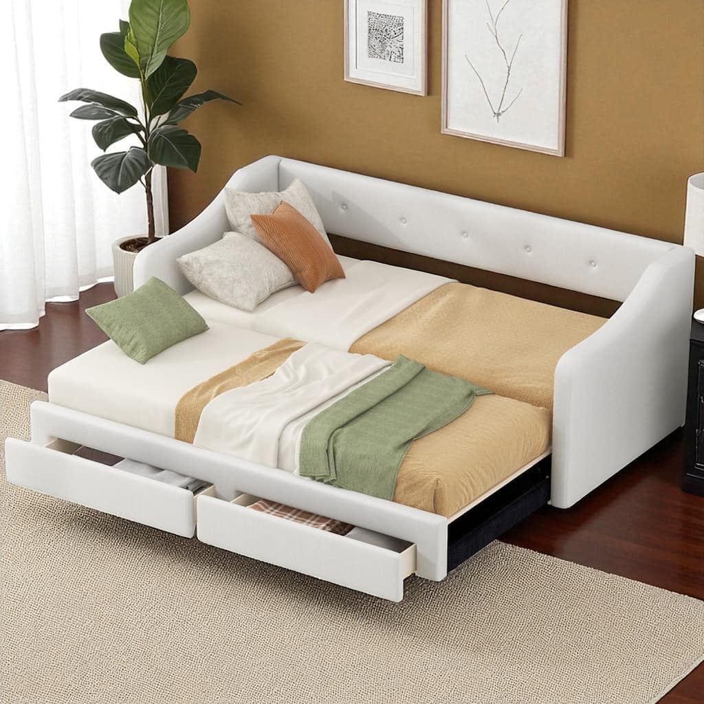 Twin XL Upholstered Daybed with Trundle, Converts to King, 2 Storage Drawers, No Box Spring Needed
