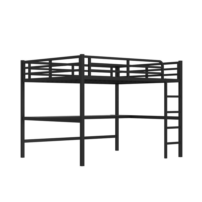 Queen Size Metal Loft Bed with Desk, USB, LED Light, Power Outlet, Space-Saving, Noise Reduced, Black