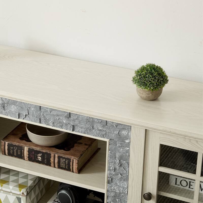 GDFStudio Alice Wood 70" TV Stand with Faux Stone Surround and 2 Door Storage