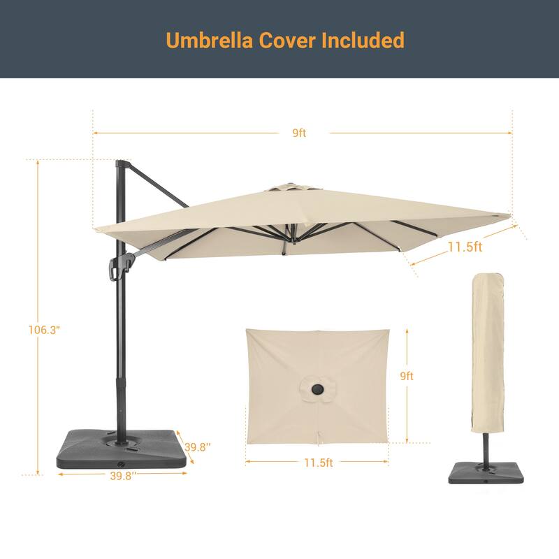 LIVOOSUN 11.5x9FT Aluminum Cantilever Patio Umbrella Solution-Dyed Fabric w/Base