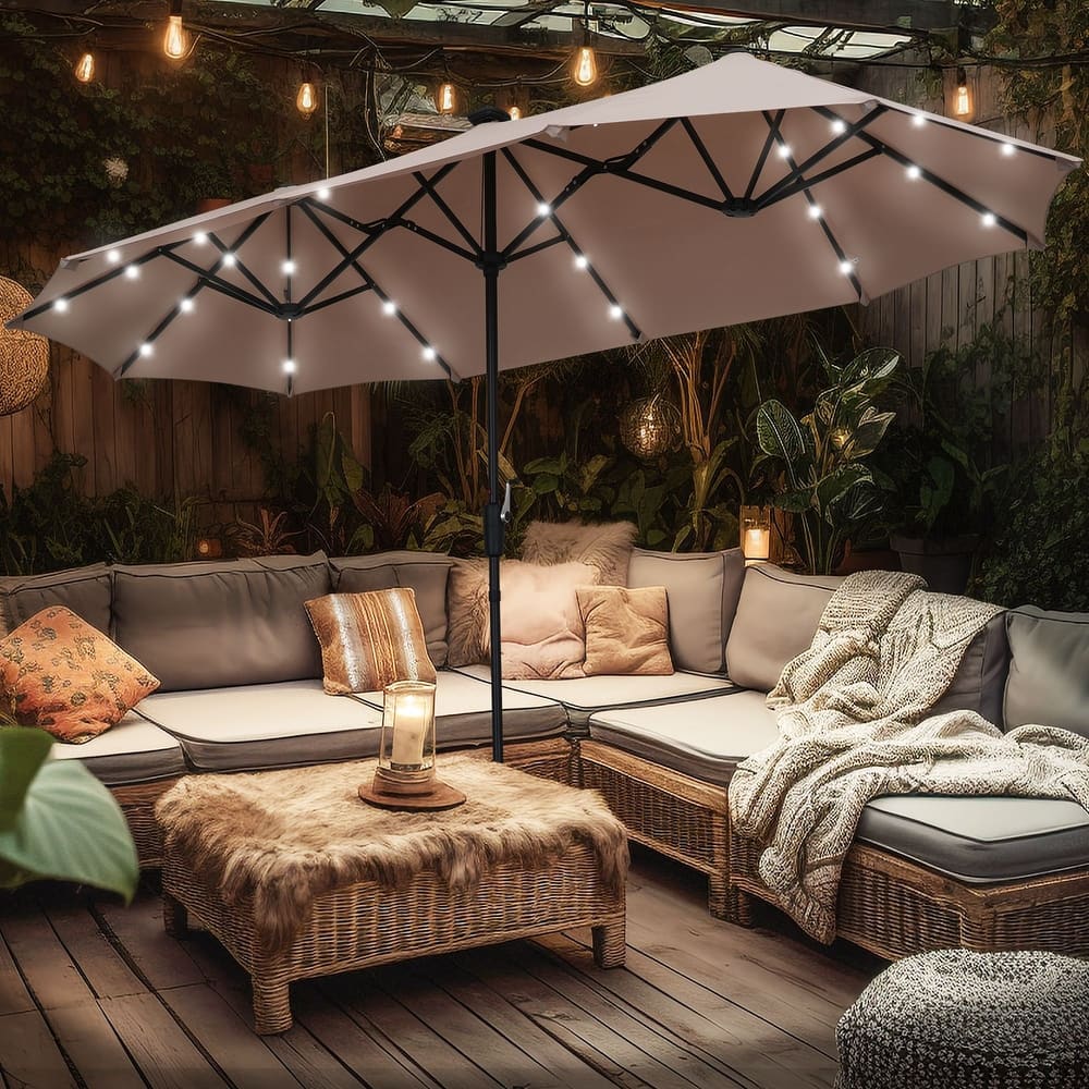 Ainfox 13ft Double-sided Patio Umbrella Solar LED Lighted Outdoor Martet Umbrella with Base